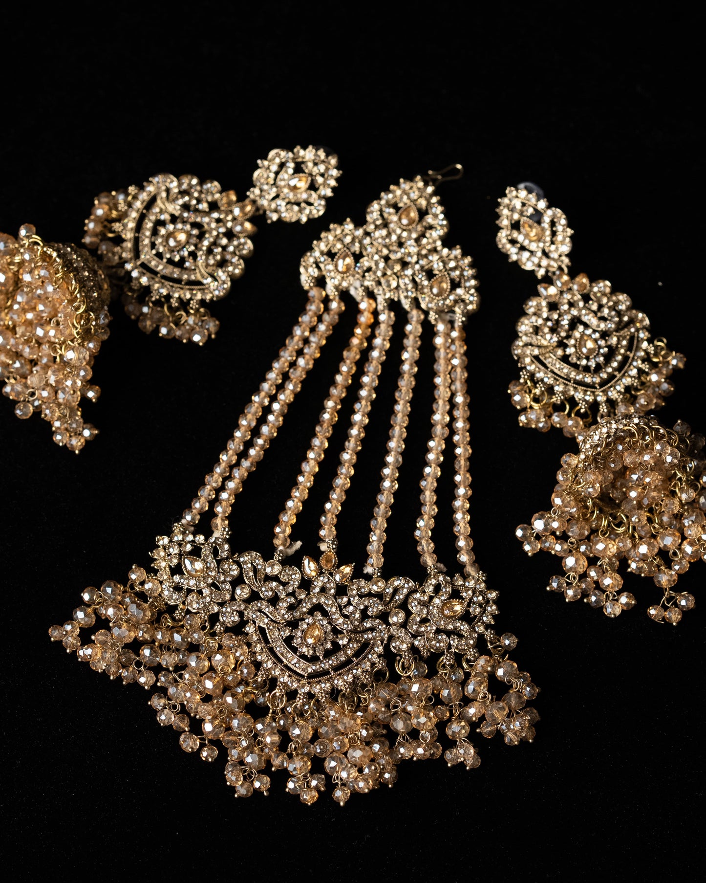 Golden Crystal Pakistani Style Bridal Jewelry Set: American Diamond |Wedding Necklace |Traditional Bridal Jewelry I Jhumka, Tikka & Passa