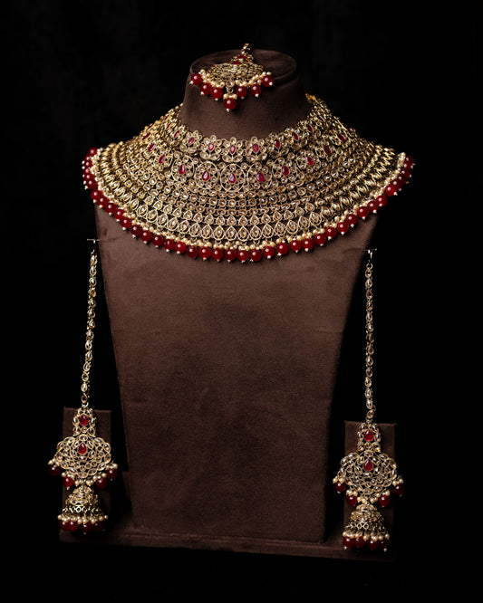 Gold Maroon Meenakari Necklace Set I Bridal Jewellery |Wedding Necklace | Earrings & Tikka