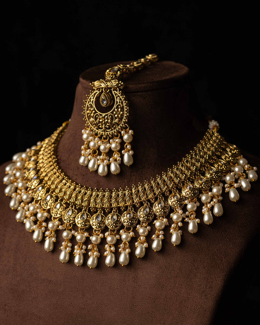 Antique Gold Pearl Drop Cluster Bridal Wedding Necklace |Traditional Jewelry I Bridal Jewelry I Chand Bali + Tikka