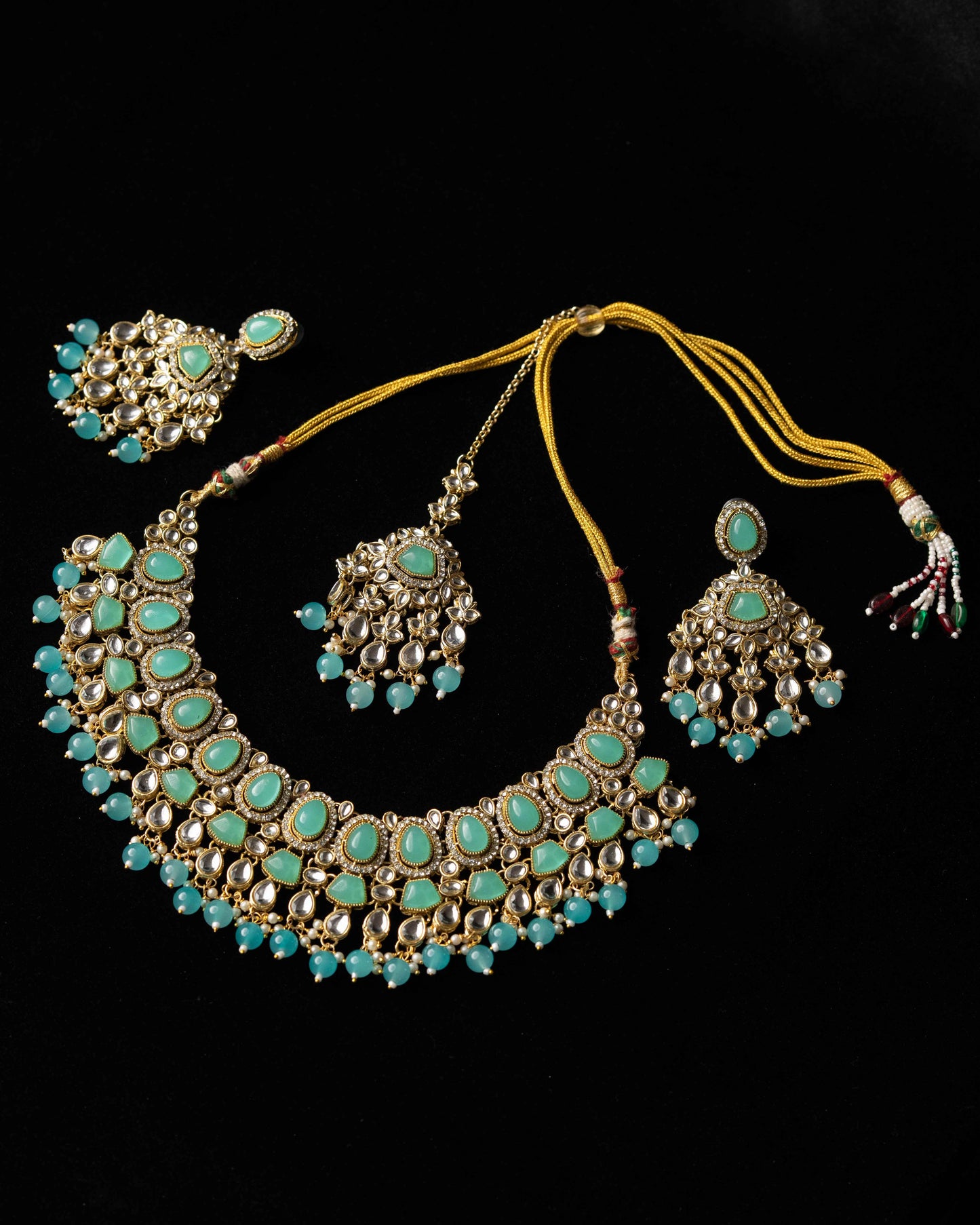 Pastel Jade Color Kundan Necklace Set |Wedding Necklace Bridal Jewelry I Earrings & Tikka