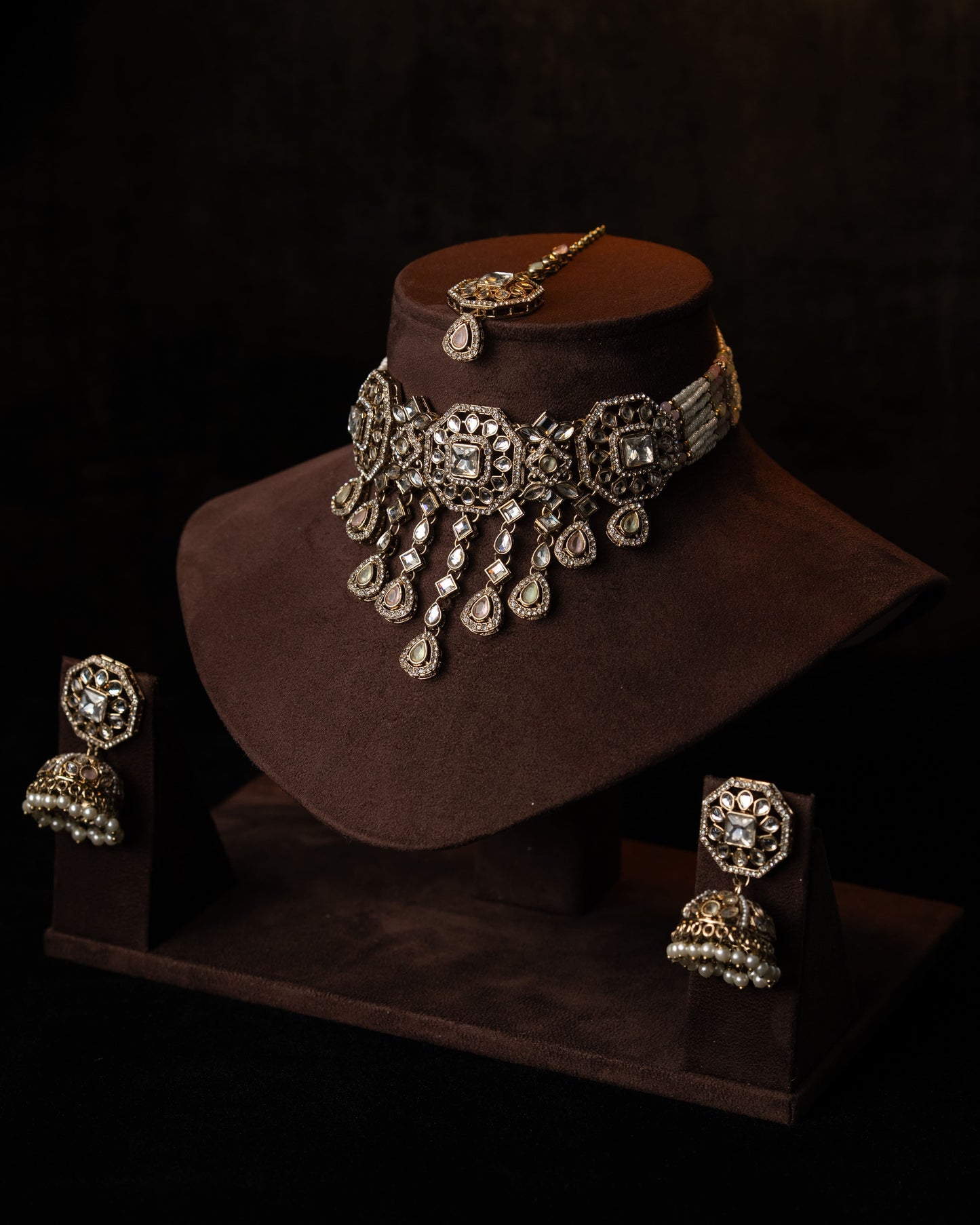 Kundan & Meenakari Beeded Necklace Set I Party Jewelry I Jhumka + Tikka