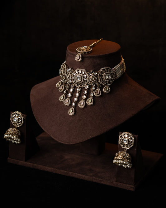 Kundan & Meenakari Beeded Necklace Set I Party Jewelry I Jhumka + Tikka