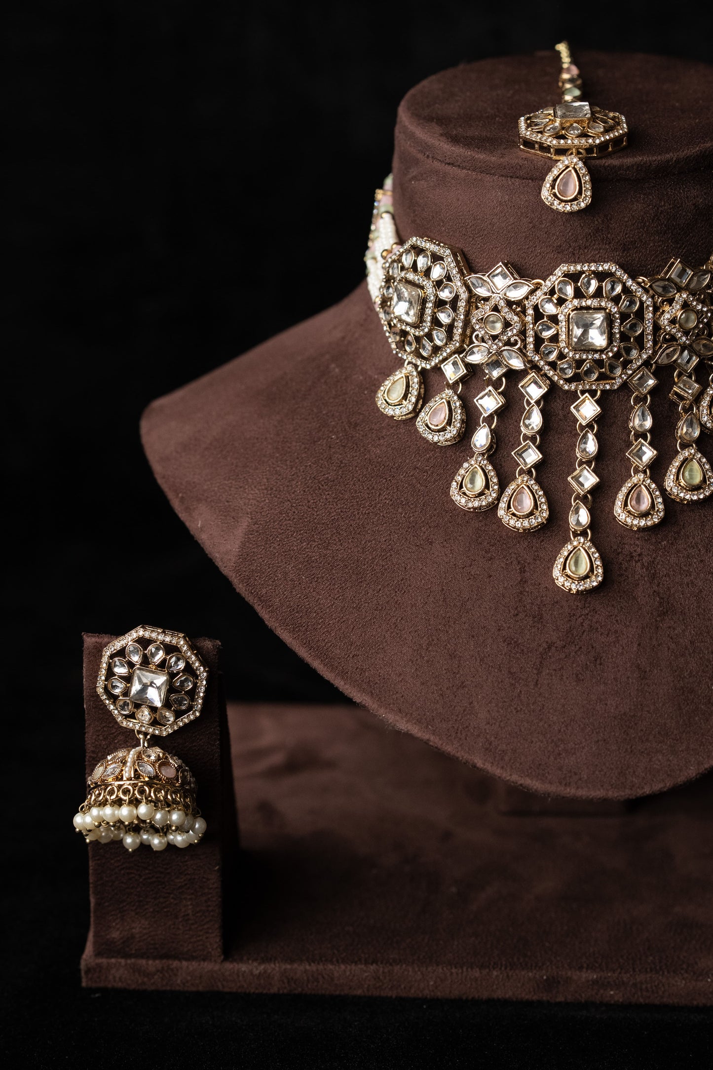Kundan & Meenakari Beeded Necklace Set I Party Jewelry I Jhumka + Tikka