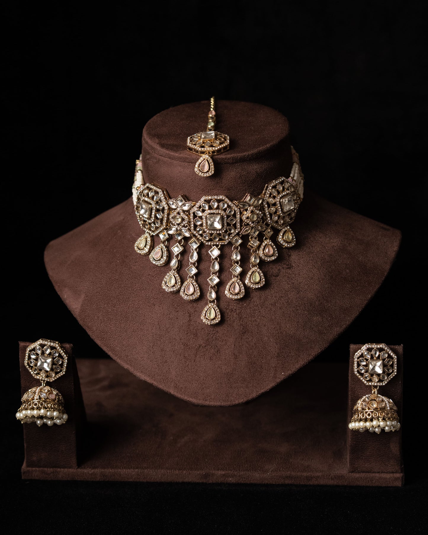 Kundan & Meenakari Beeded Necklace Set I Party Jewelry I Jhumka + Tikka