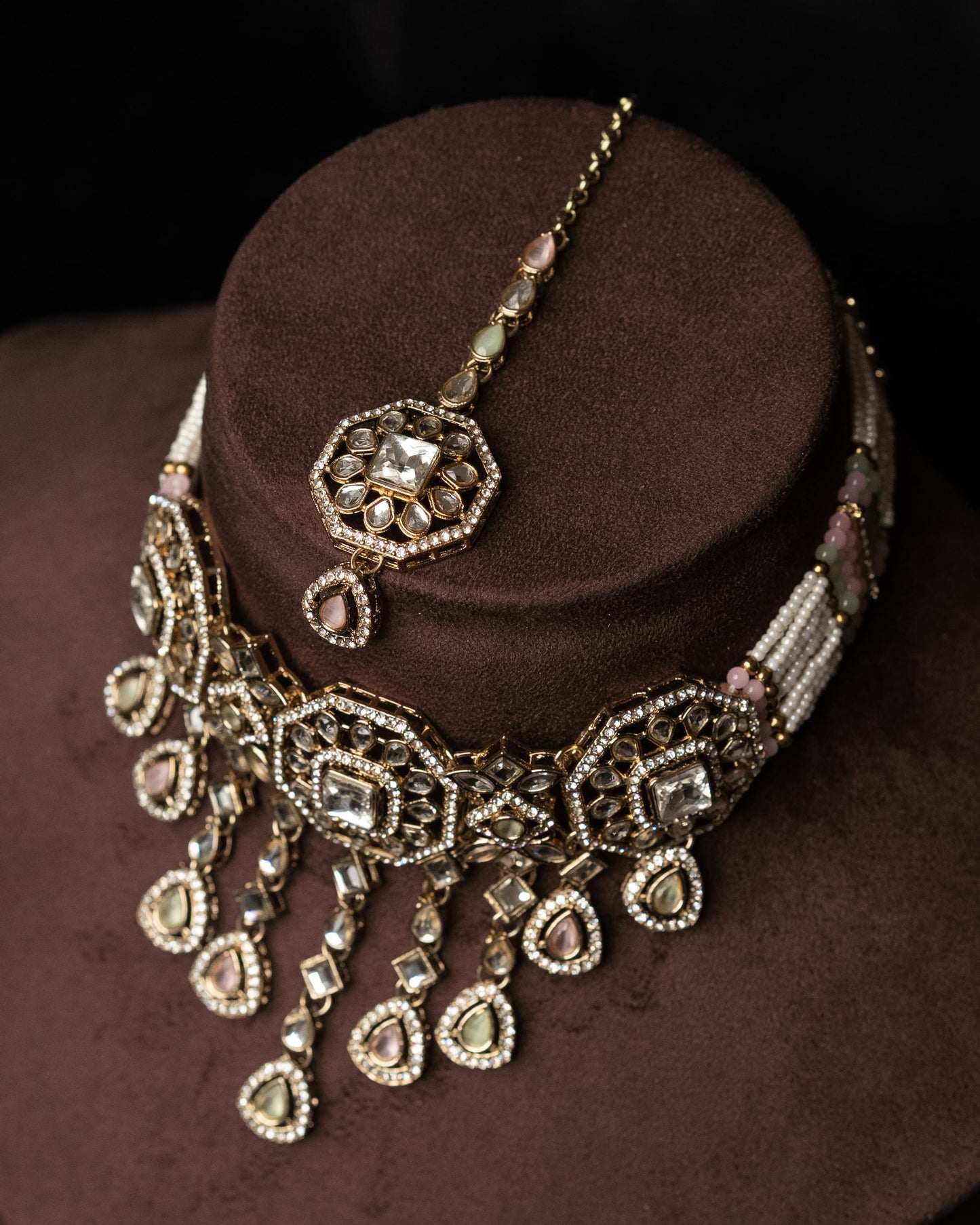 Kundan & Meenakari Beeded Necklace Set I Party Jewelry I Jhumka + Tikka