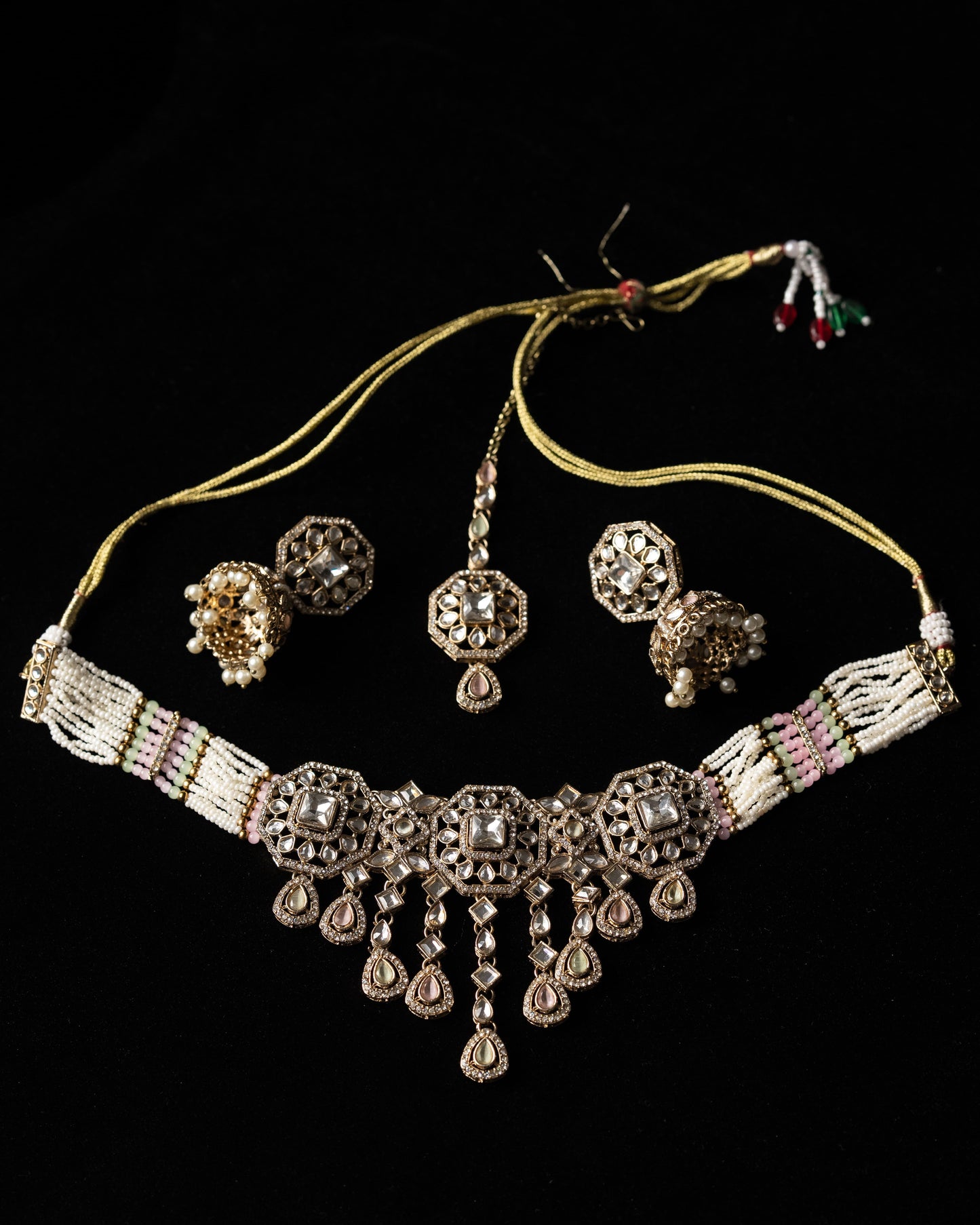 Kundan & Meenakari Beeded Necklace Set I Party Jewelry I Jhumka + Tikka