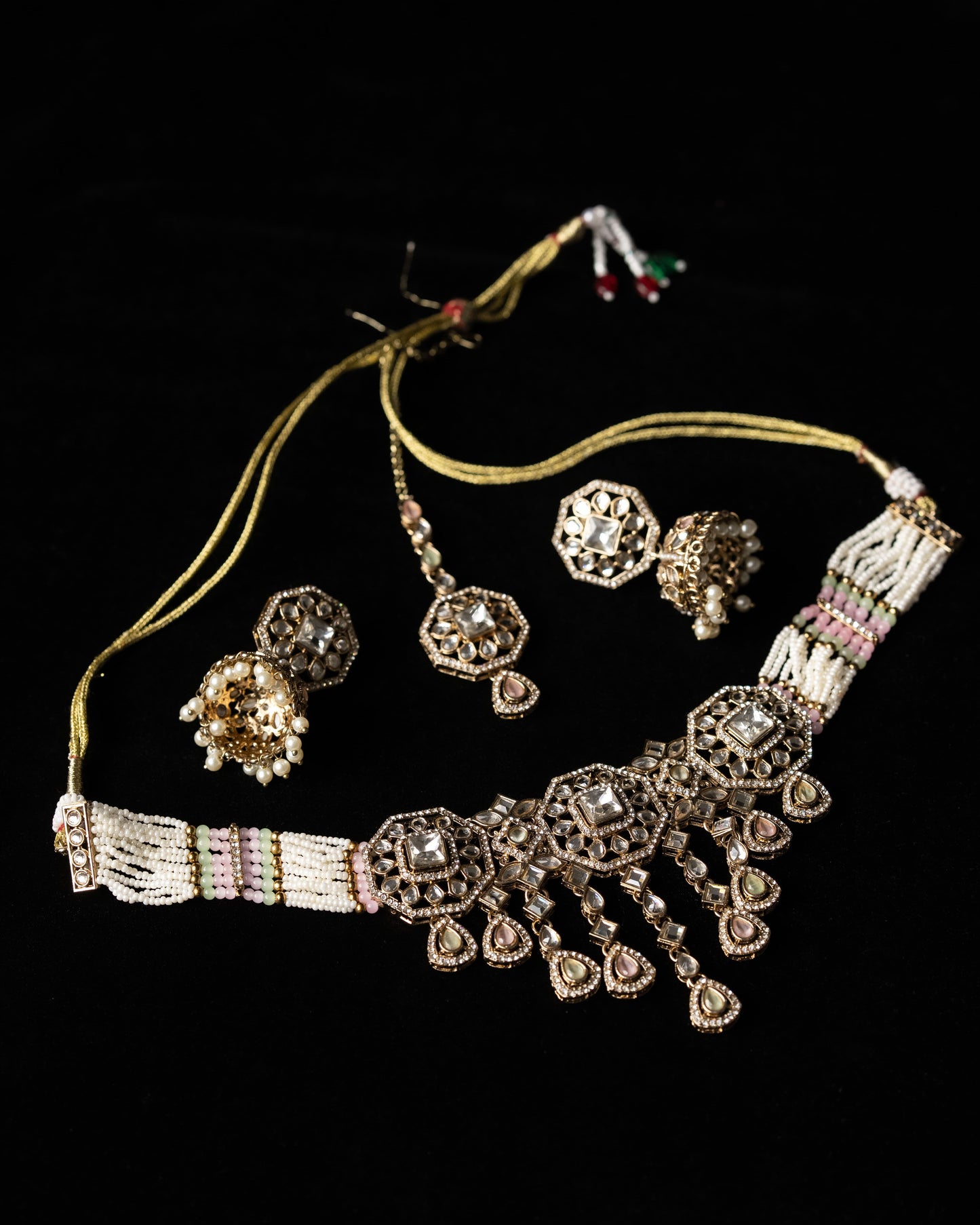 Kundan & Meenakari Beeded Necklace Set I Party Jewelry I Jhumka + Tikka