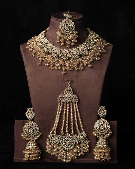 Golden Crystal Pakistani Style Bridal Jewelry Set: American Diamond |Wedding Necklace |Traditional Bridal Jewelry I Jhumka, Tikka & Passa