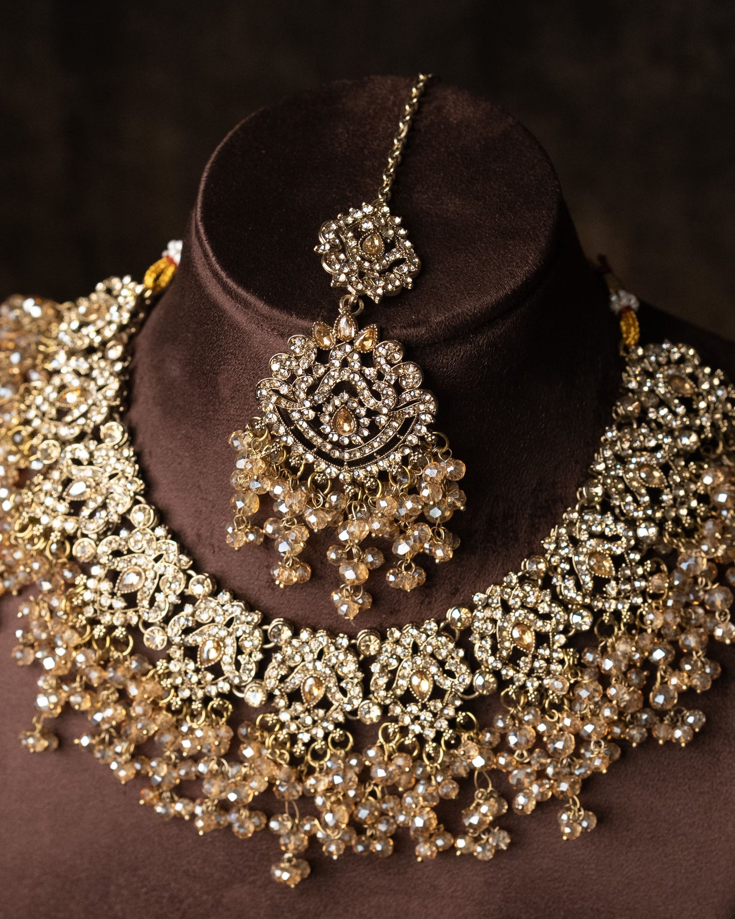Golden Crystal Pakistani Style Bridal Jewelry Set: American Diamond |Wedding Necklace |Traditional Bridal Jewelry I Jhumka, Tikka & Passa
