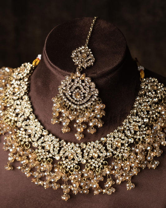 Golden Crystal Pakistani Style Bridal Jewelry Set: American Diamond |Wedding Necklace |Traditional Bridal Jewelry I Jhumka, Tikka & Passa