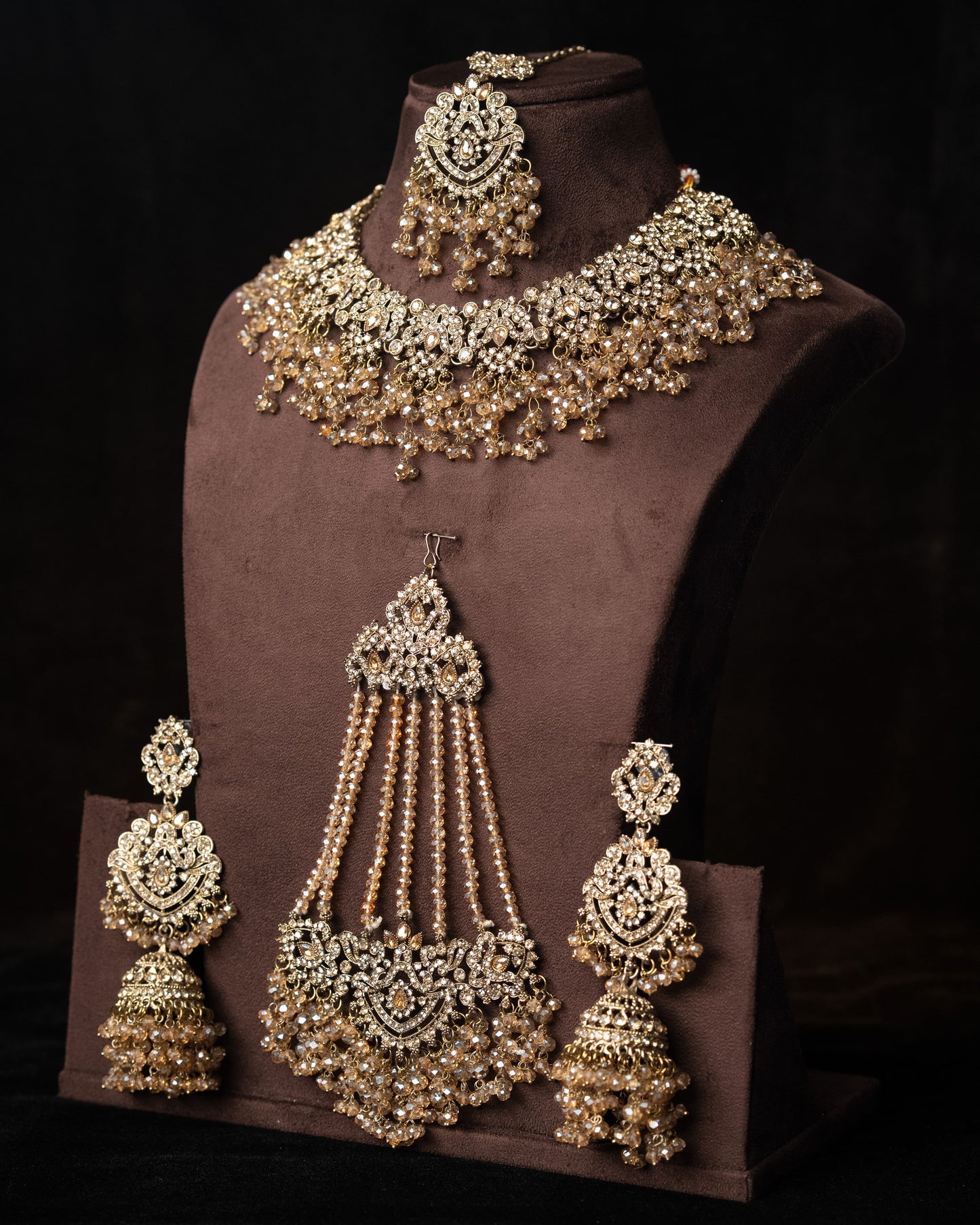 Golden Crystal Pakistani Style Bridal Jewelry Set: American Diamond |Wedding Necklace |Traditional Bridal Jewelry I Jhumka, Tikka & Passa