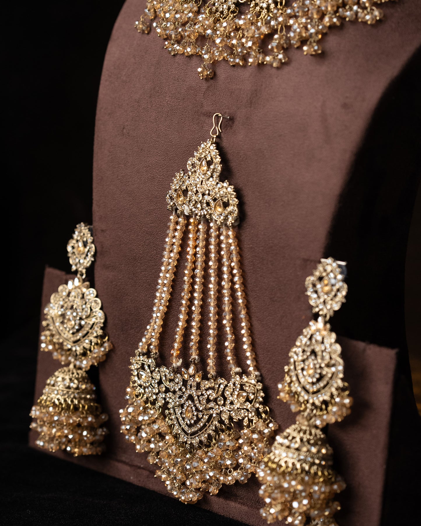 Golden Crystal Pakistani Style Bridal Jewelry Set: American Diamond |Wedding Necklace |Traditional Bridal Jewelry I Jhumka, Tikka & Passa