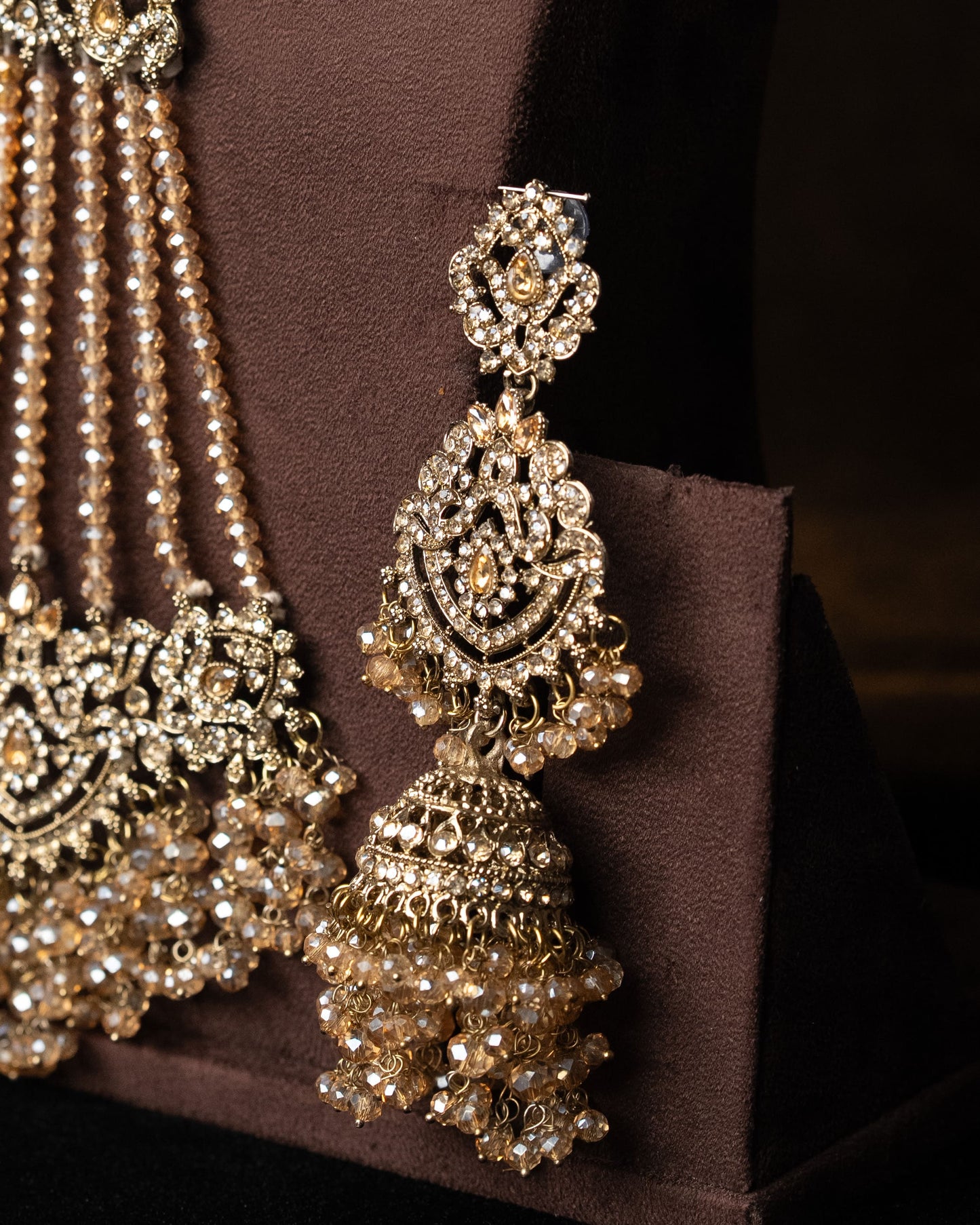 Golden Crystal Pakistani Style Bridal Jewelry Set: American Diamond |Wedding Necklace |Traditional Bridal Jewelry I Jhumka, Tikka & Passa