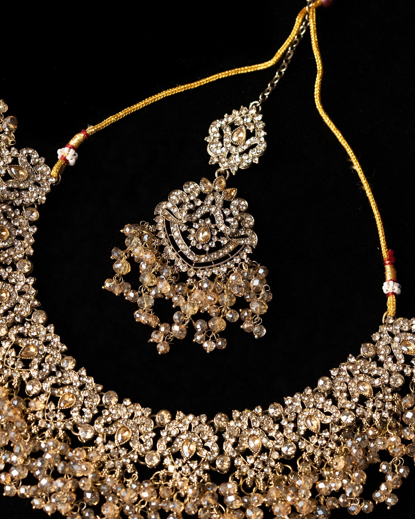 Golden Crystal Pakistani Style Bridal Jewelry Set: American Diamond |Wedding Necklace |Traditional Bridal Jewelry I Jhumka, Tikka & Passa