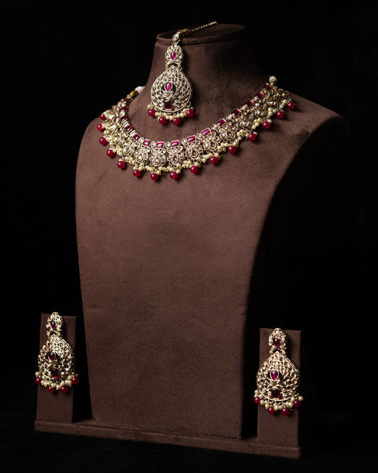 Maroon color Meenakari Necklace |Party Jewelry I Earrings & Tikka