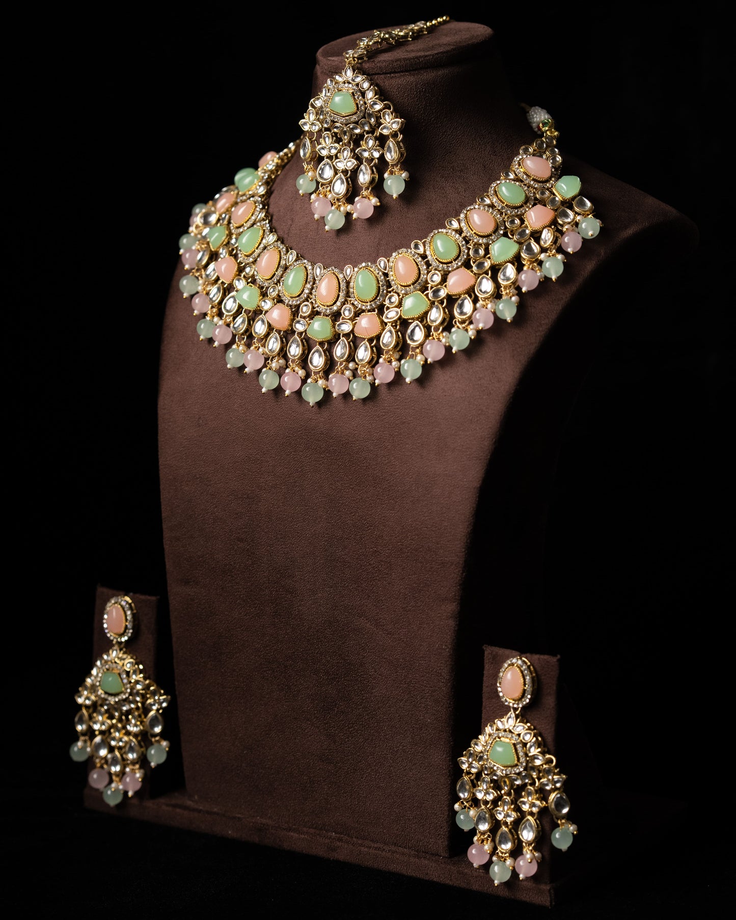 Mint Pink Kundal Wedding Necklace I Bridal Jewelry I Earrings & Tikka