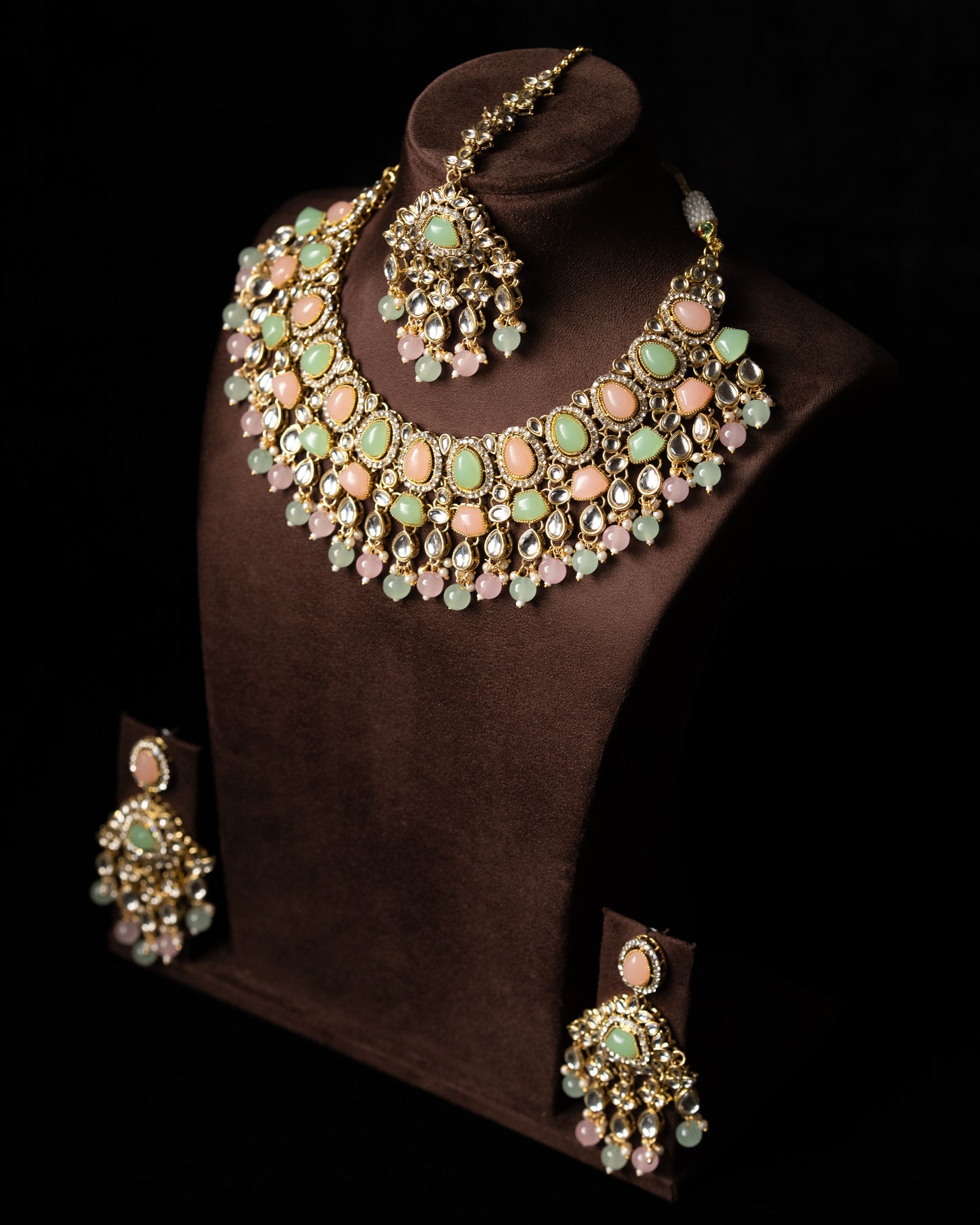 Mint Pink Kundal Wedding Necklace I Bridal Jewelry I Earrings & Tikka