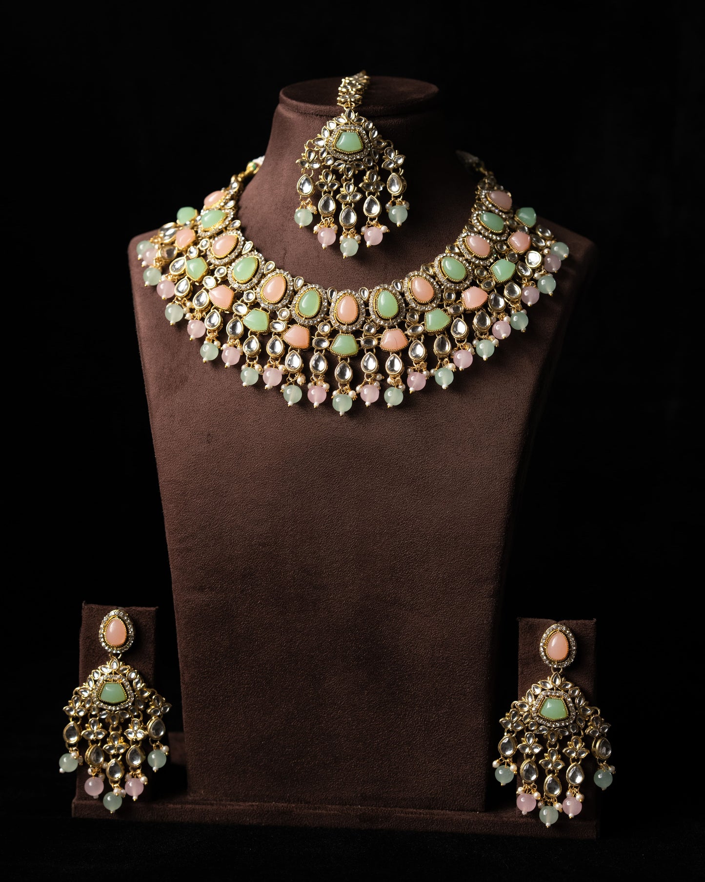 Mint Pink Kundal Wedding Necklace I Bridal Jewelry I Earrings & Tikka