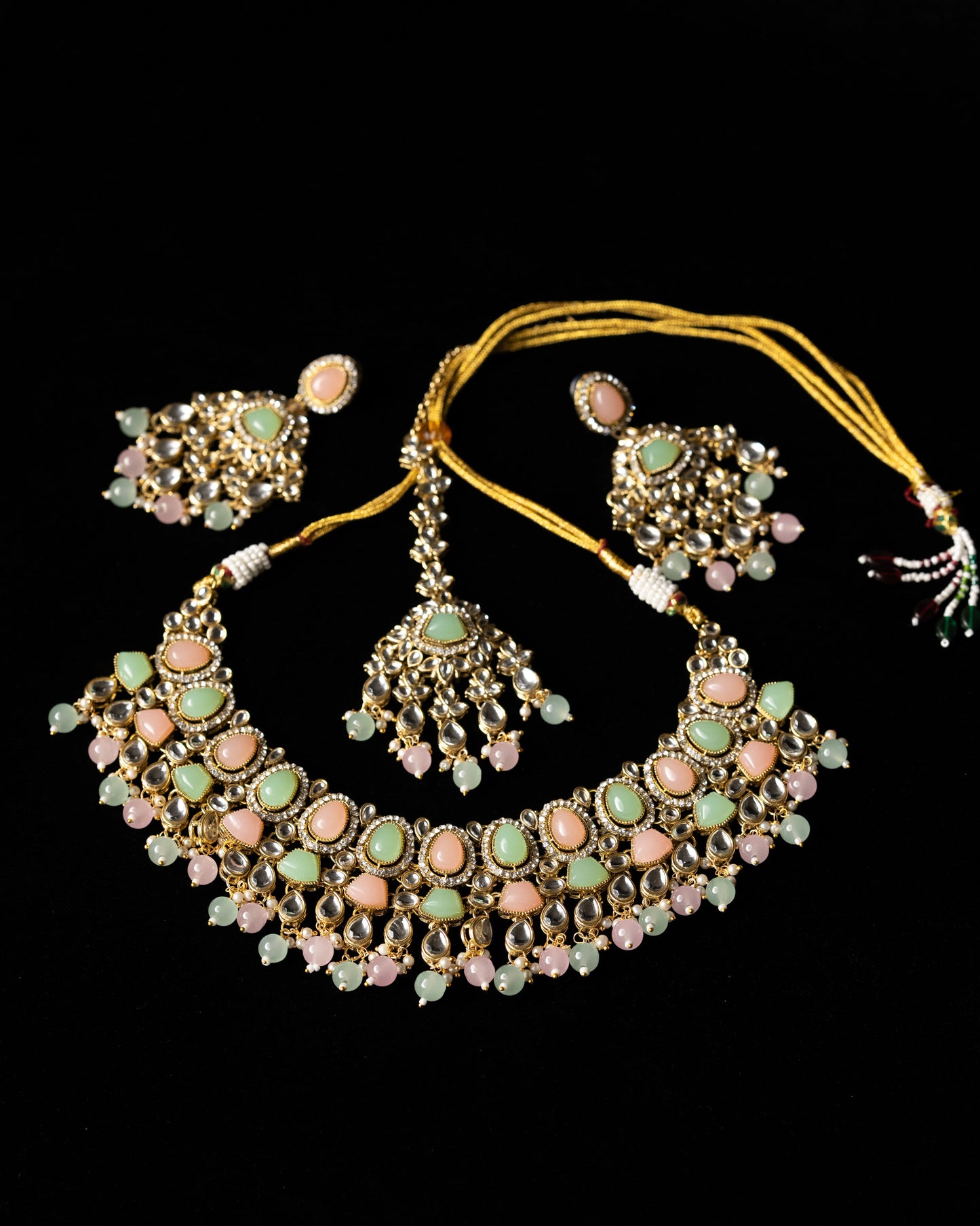 Mint Pink Kundal Wedding Necklace I Bridal Jewelry I Earrings & Tikka