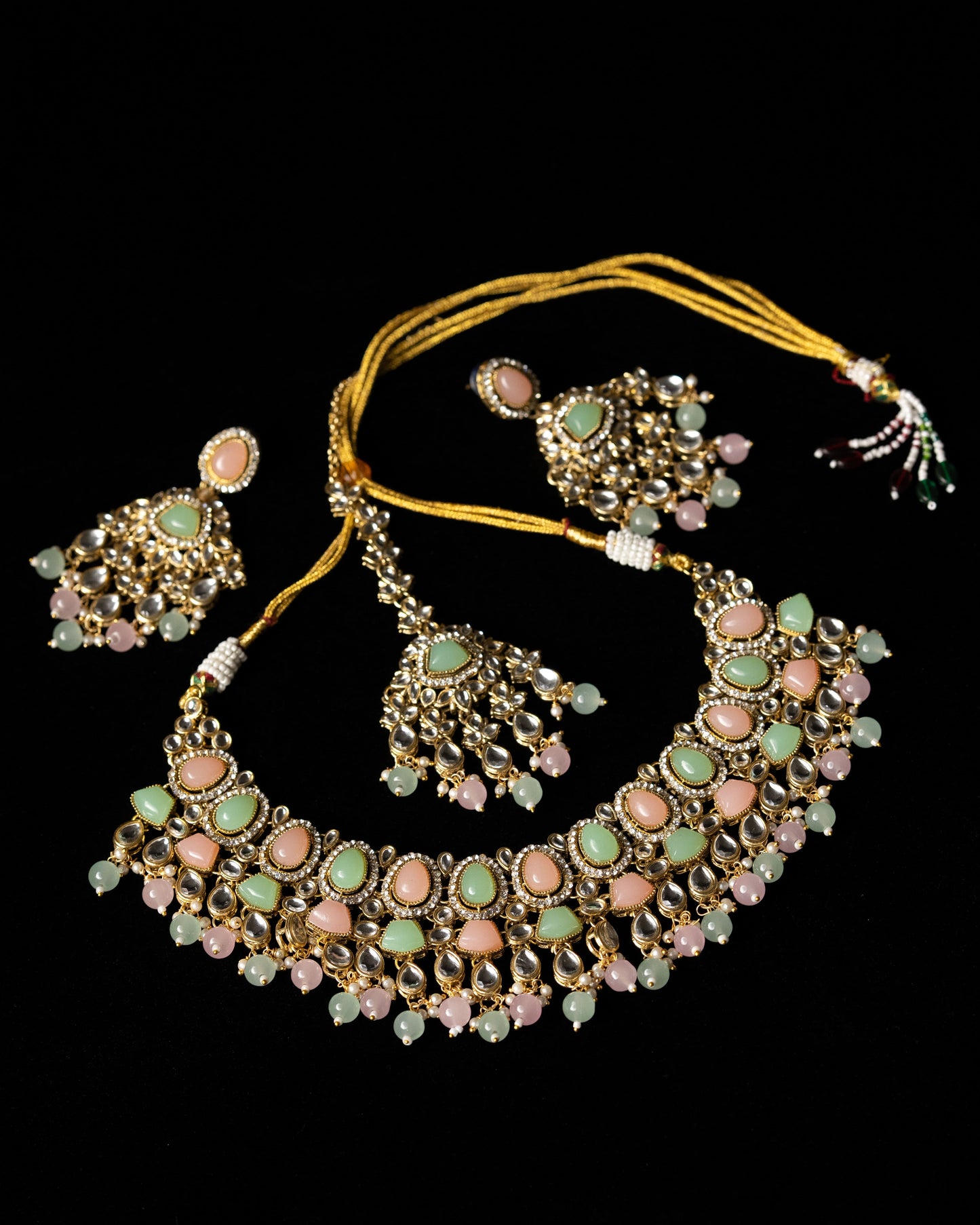 Mint Pink Kundal Wedding Necklace I Bridal Jewelry I Earrings & Tikka