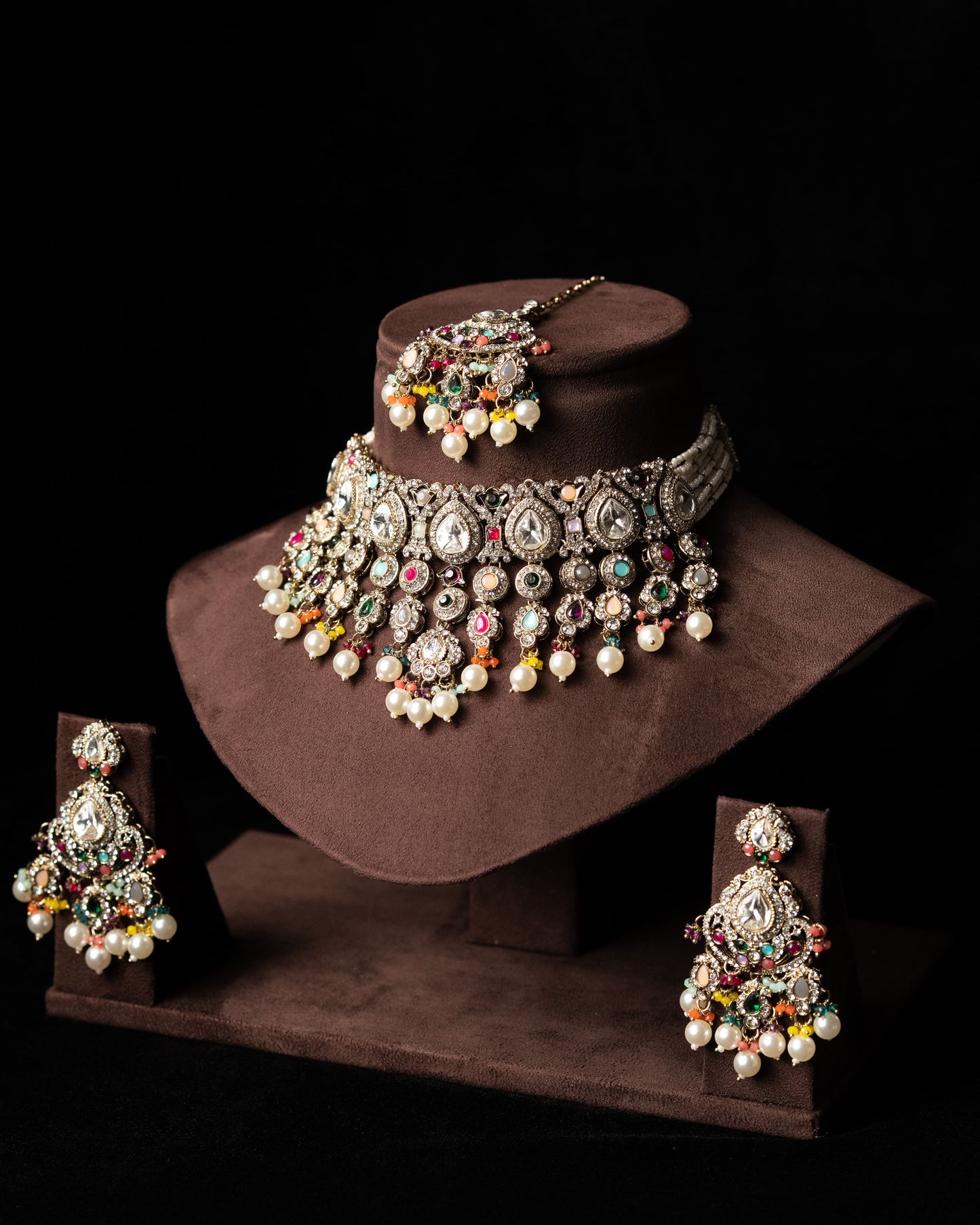 Multicolor AD Beeded Party Necklace I Bridal Jewelry I Earrings & Tikka