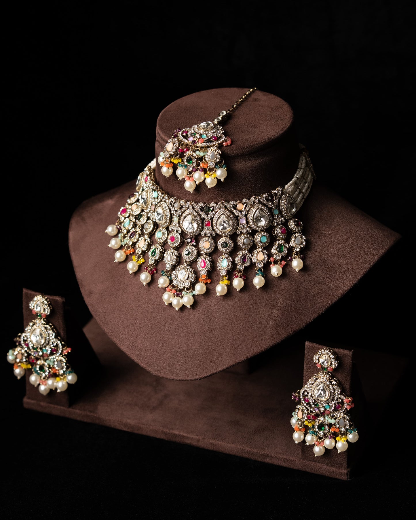 Multicolor AD Beeded Party Necklace I Bridal Jewelry I Earrings & Tikka