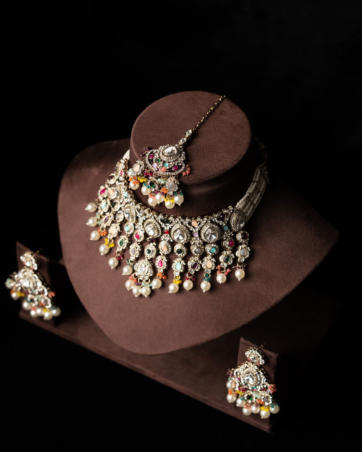 Multicolor AD Beeded Party Necklace I Bridal Jewelry I Earrings & Tikka