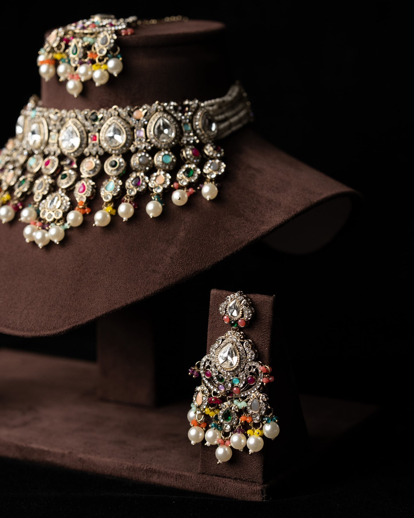 Multicolor AD Beeded Party Necklace I Bridal Jewelry I Earrings & Tikka