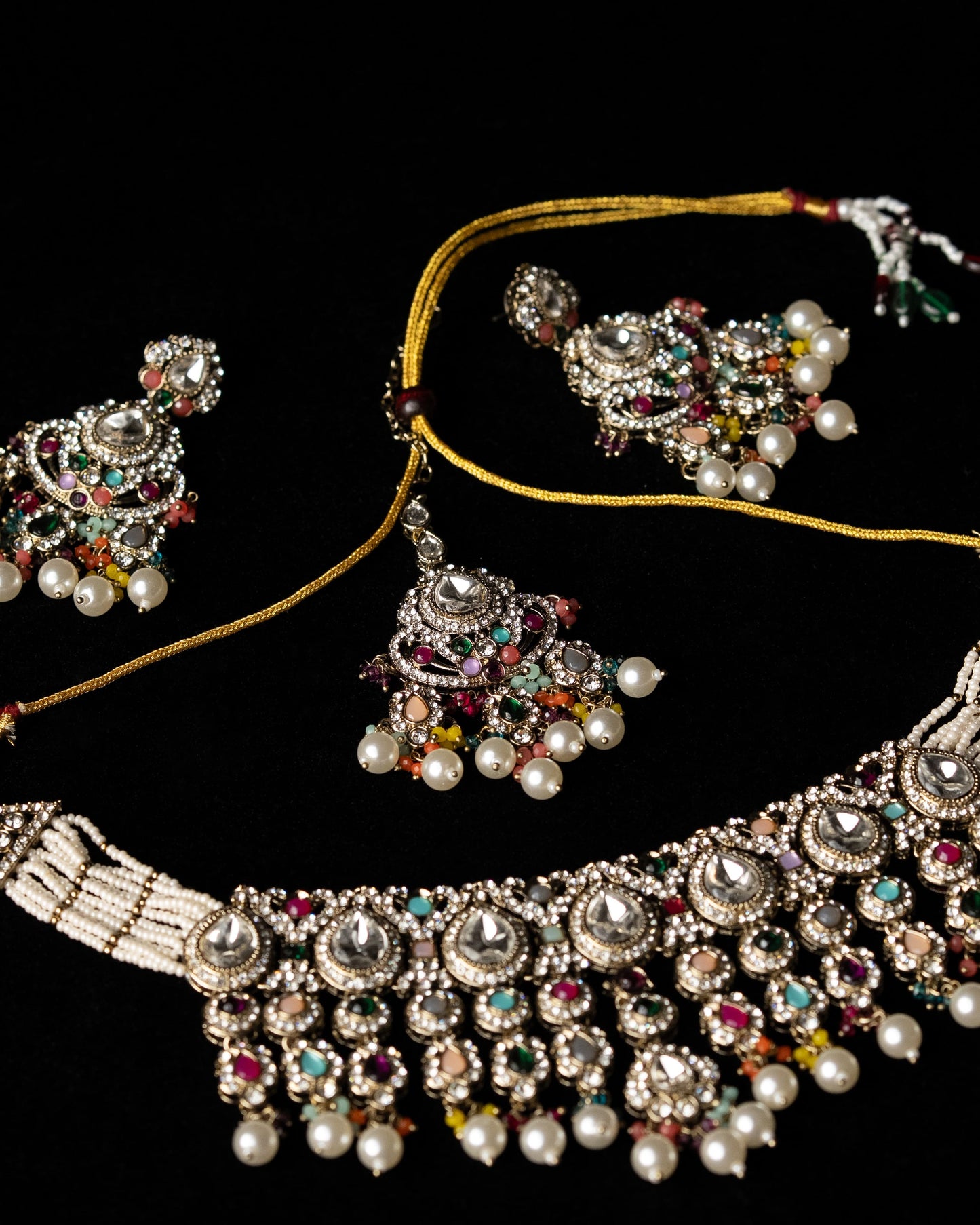 Multicolor AD Beeded Party Necklace I Bridal Jewelry I Earrings & Tikka