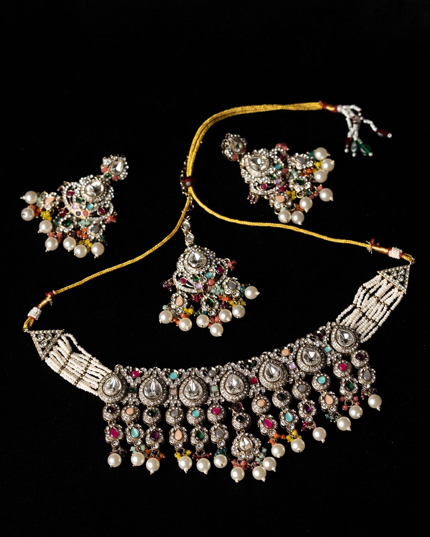 Multicolor AD Beeded Party Necklace I Bridal Jewelry I Earrings & Tikka