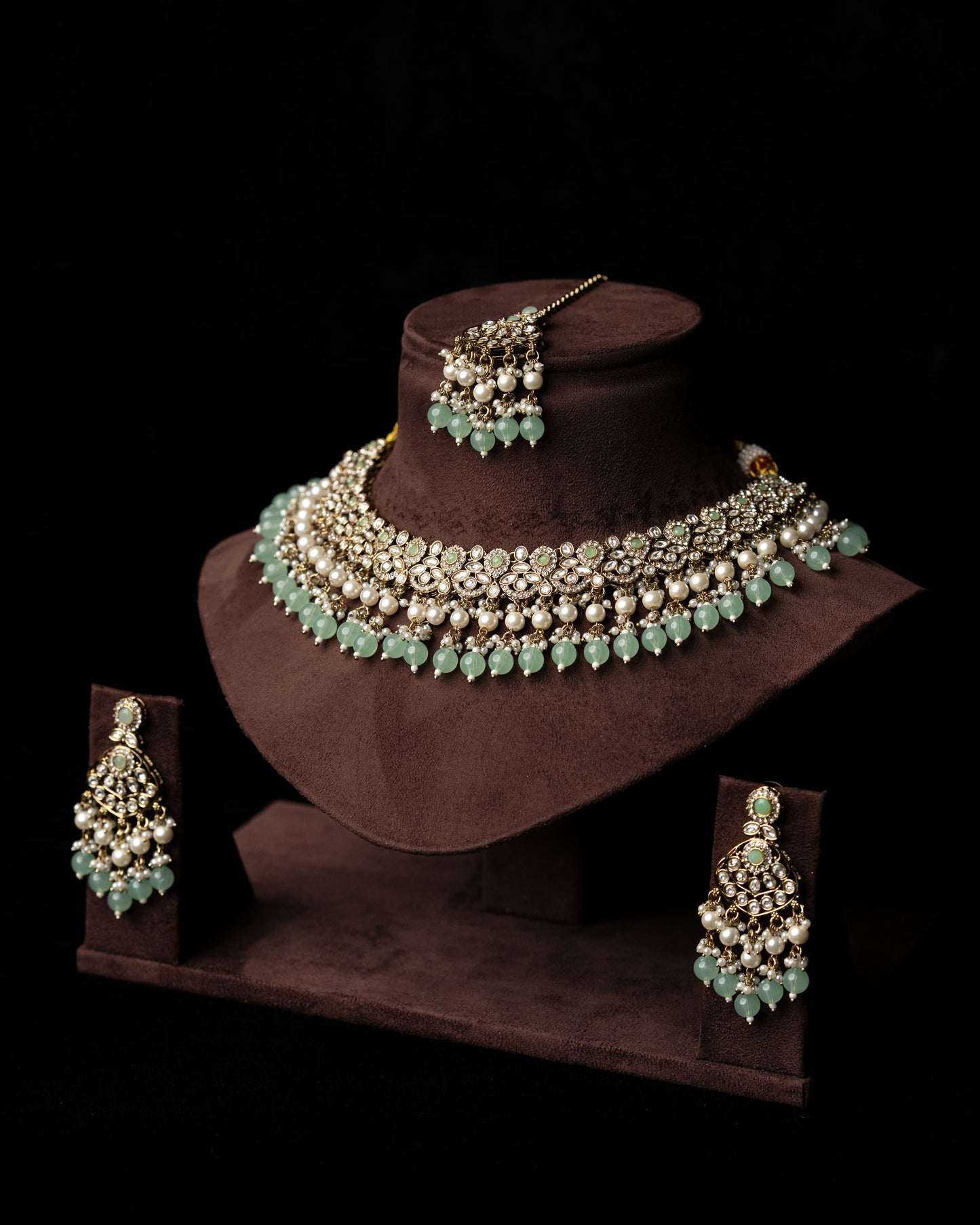 Mint Color Polki adorned with AD Wedding Necklace I Bridal Jewelry I Earrings & Tikka