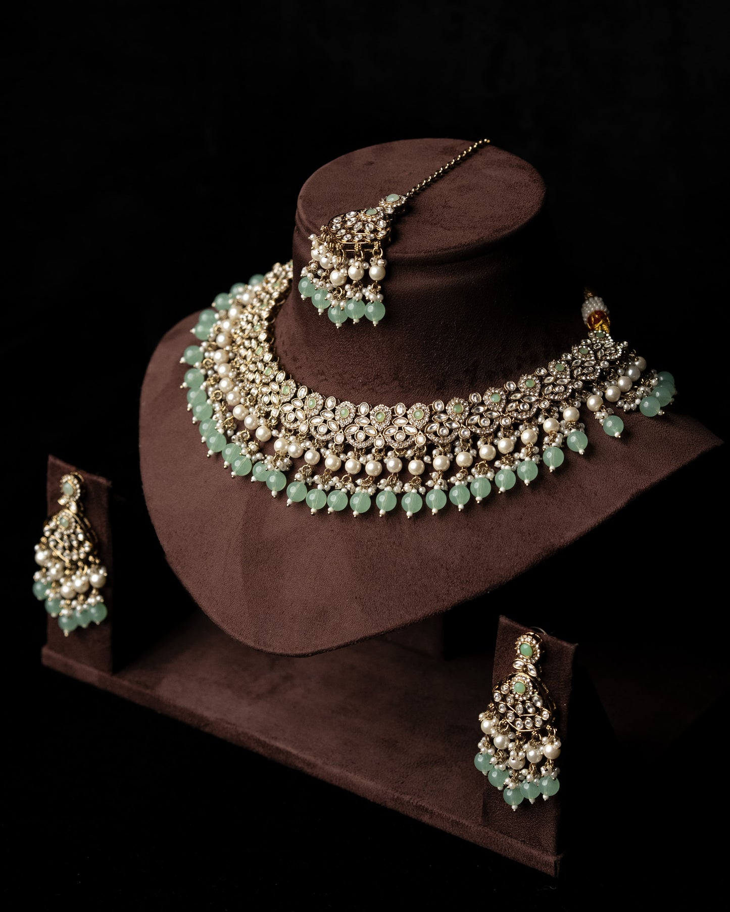 Mint Color Polki adorned with AD Wedding Necklace I Bridal Jewelry I Earrings & Tikka