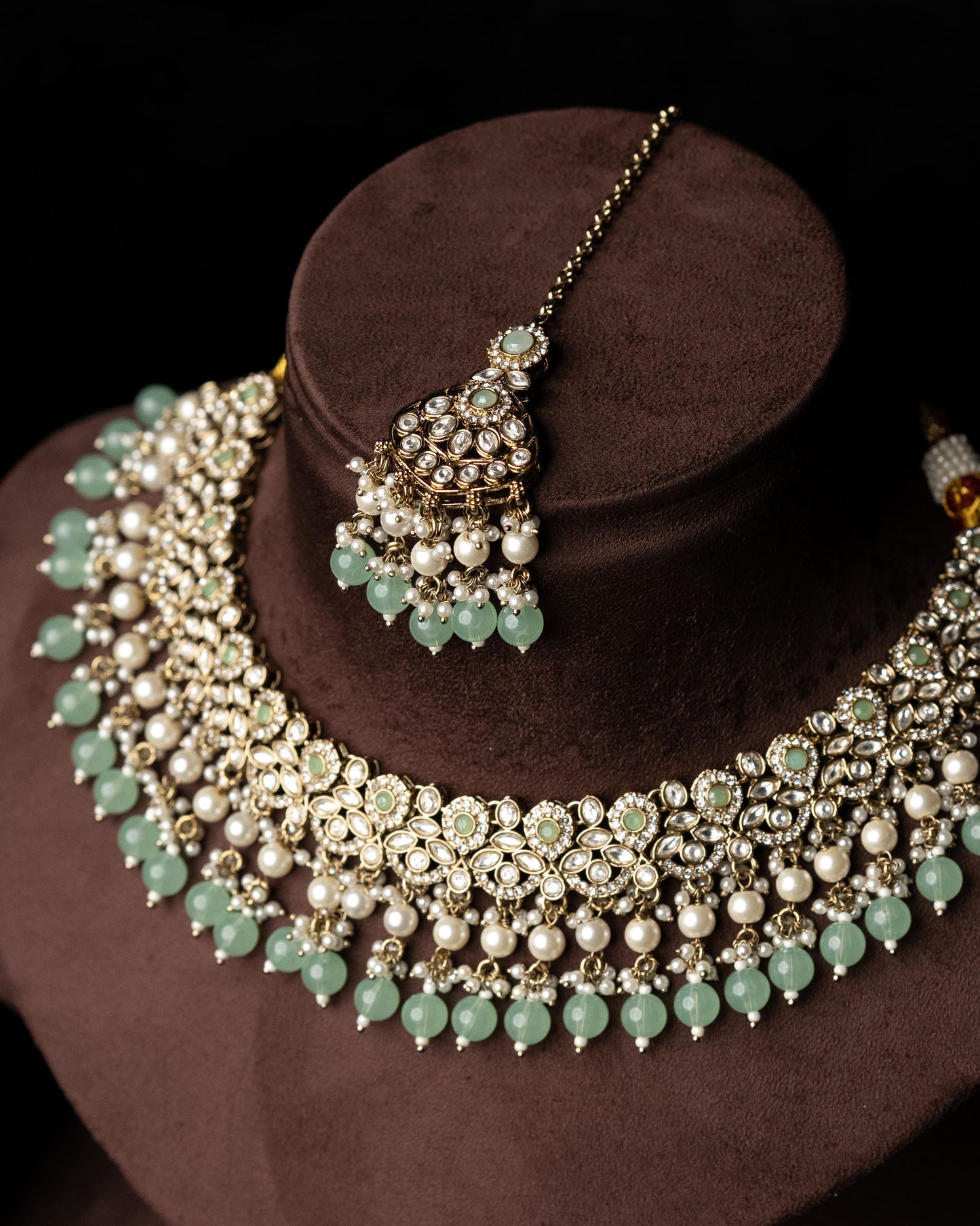 Mint Color Polki adorned with AD Wedding Necklace I Bridal Jewelry I Earrings & Tikka