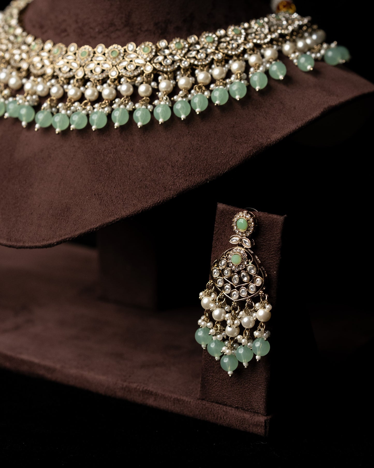 Mint Color Polki adorned with AD Wedding Necklace I Bridal Jewelry I Earrings & Tikka