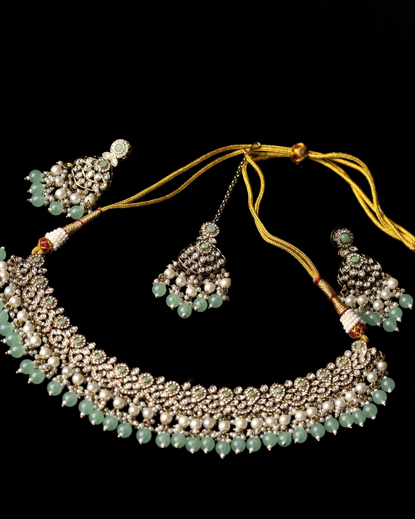 Mint Color Polki adorned with AD Wedding Necklace I Bridal Jewelry I Earrings & Tikka