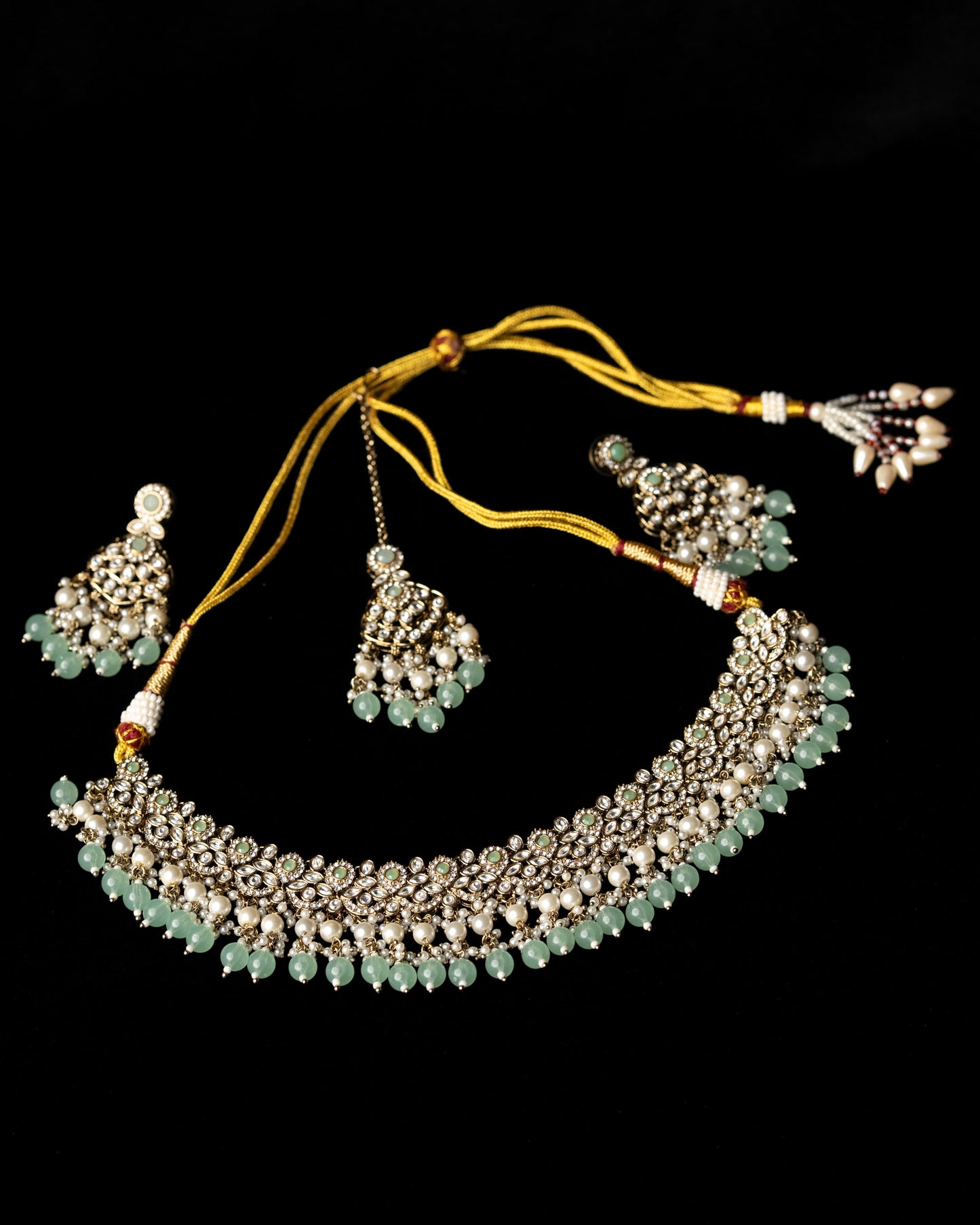 Mint Color Polki adorned with AD Wedding Necklace I Bridal Jewelry I Earrings & Tikka