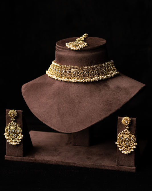Antique Gold Pearl Drop Ethnic Choker Set |Party Jewelry I Earrings & Tikka