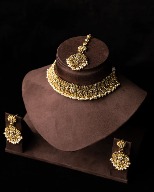 Antique Gold Pearl Drop Ethnic Choker Set |Party Jewelry I Earrings & Tikka