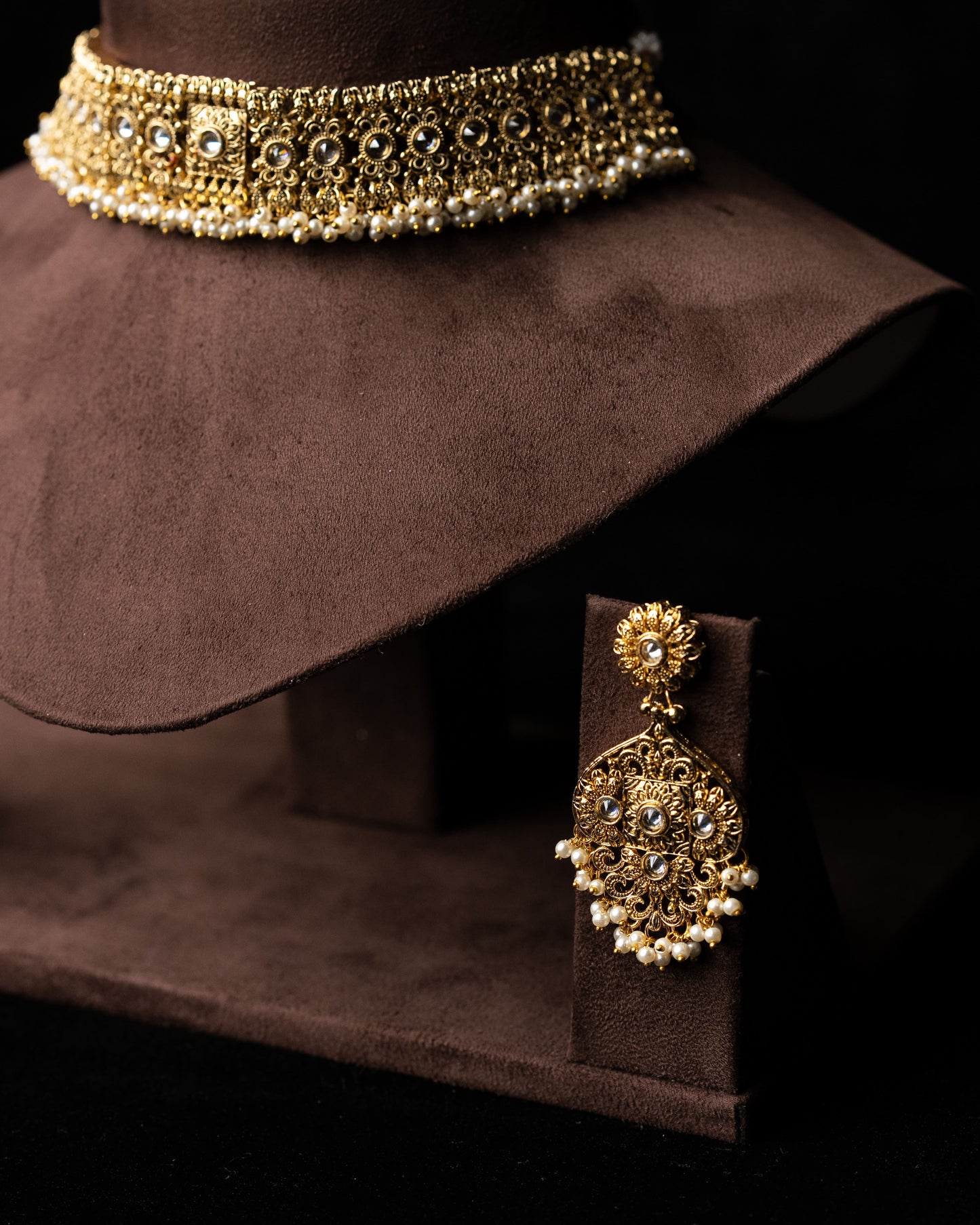 Antique Gold Pearl Drop Ethnic Choker Set |Party Jewelry I Earrings & Tikka