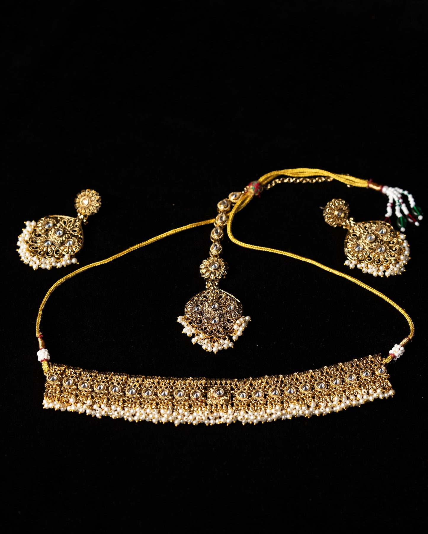 Antique Gold Pearl Drop Ethnic Choker Set |Party Jewelry I Earrings & Tikka