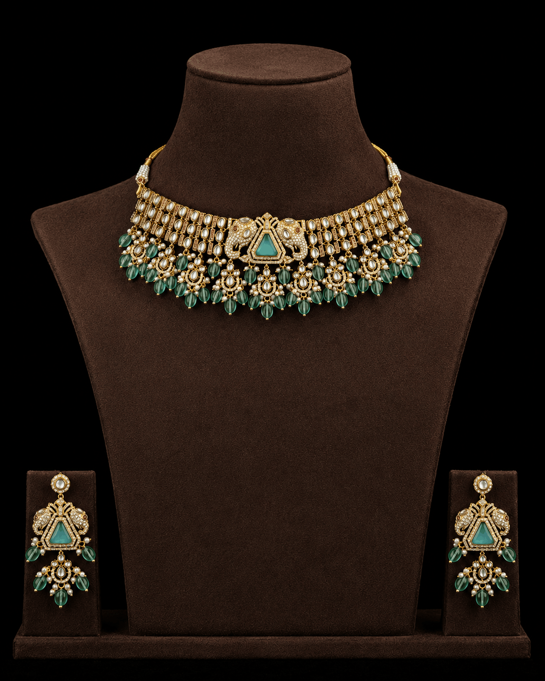 Gold-Toned Kundan Choker Necklace and Earring Set with Green Beads