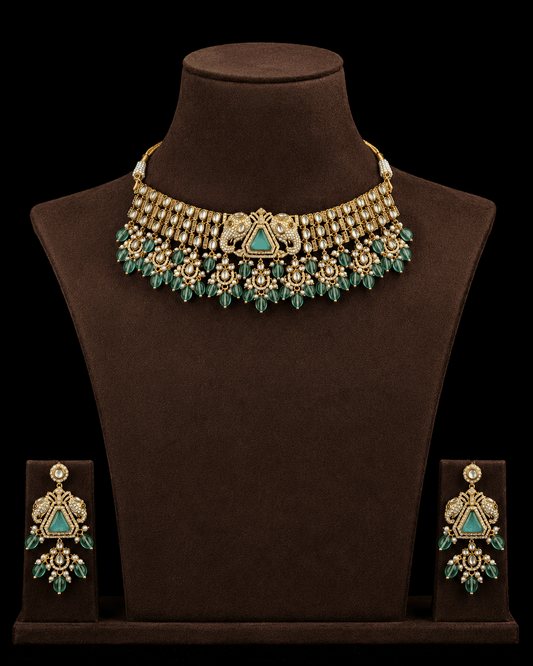 Gold-Toned Kundan Choker Necklace and Earring Set with Green Beads