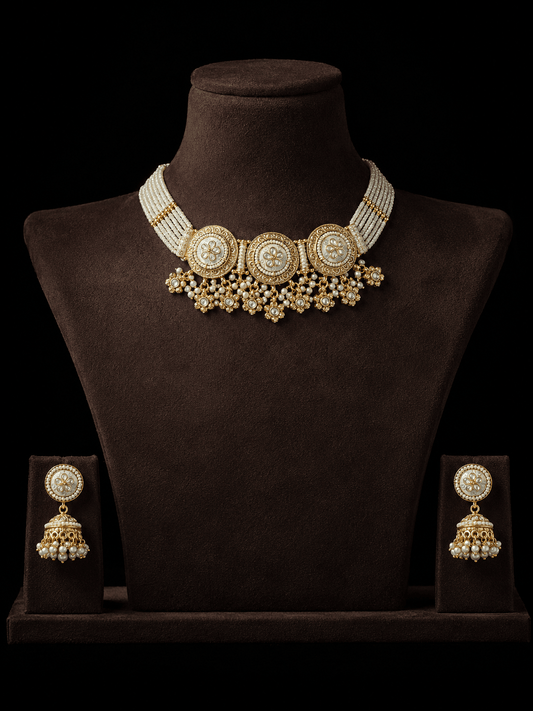 Traditional Gold-Plated Pearl Choker and Jhumka Earring Set