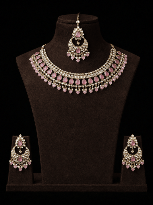 Pink Kundan and Pearl Bridal Jewelry Set