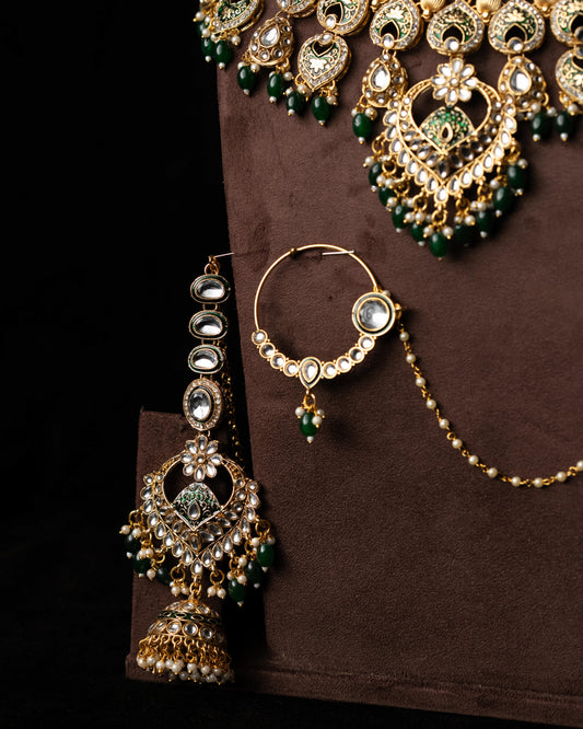 Green Polki Kundan Statement Bridal Set |Wedding Jewelry|Traditional Jewelry I Full Bridal Jewelry I Earrings, Matha Patti, Nose pin & Rings