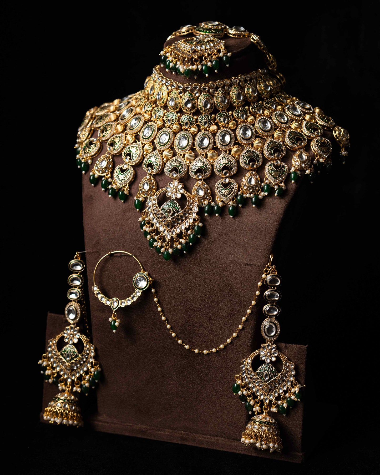 Green Polki Kundan Statement Bridal Set |Wedding Jewelry|Traditional Jewelry I Full Bridal Jewelry I Earrings, Matha Patti, Nose pin & Rings