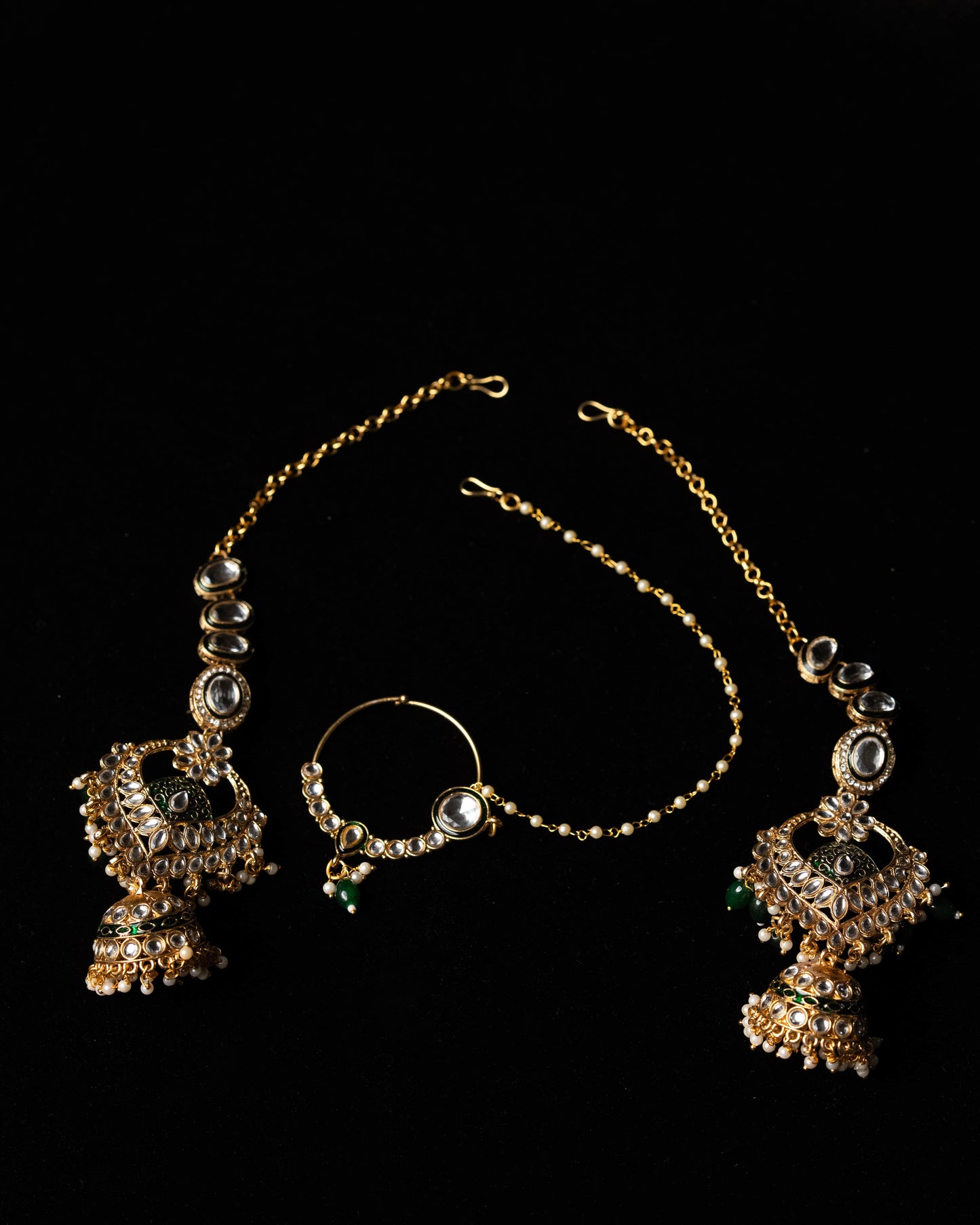 Green Polki Kundan Statement Bridal Set |Wedding Jewelry|Traditional Jewelry I Full Bridal Jewelry I Earrings, Matha Patti, Nose pin & Rings
