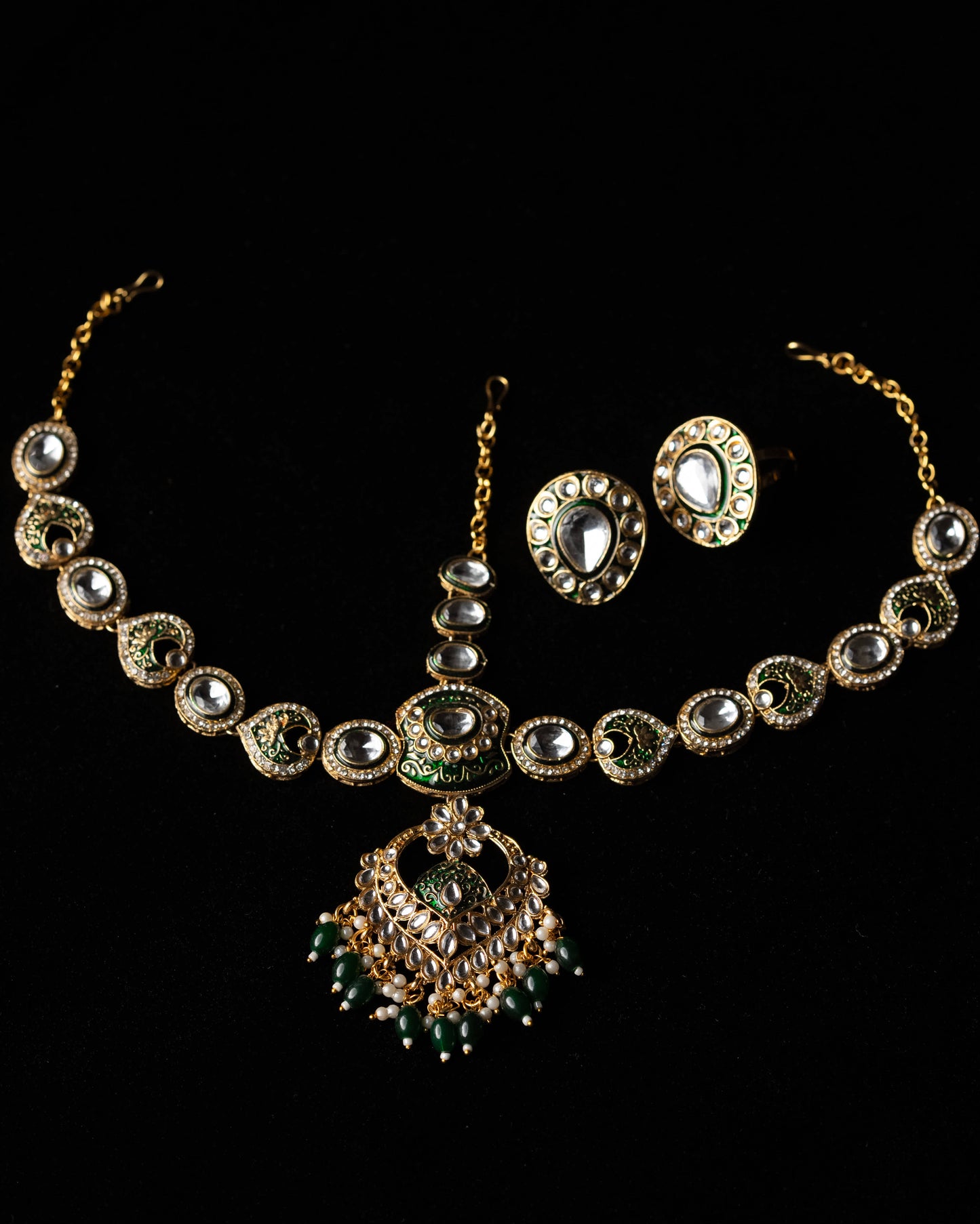 Green Polki Kundan Statement Bridal Set |Wedding Jewelry|Traditional Jewelry I Full Bridal Jewelry I Earrings, Matha Patti, Nose pin & Rings