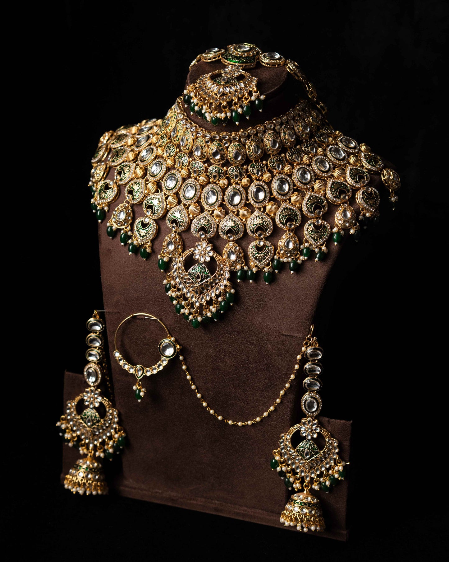 Green Polki Kundan Statement Bridal Set |Wedding Jewelry|Traditional Jewelry I Full Bridal Jewelry I Earrings, Matha Patti, Nose pin & Rings