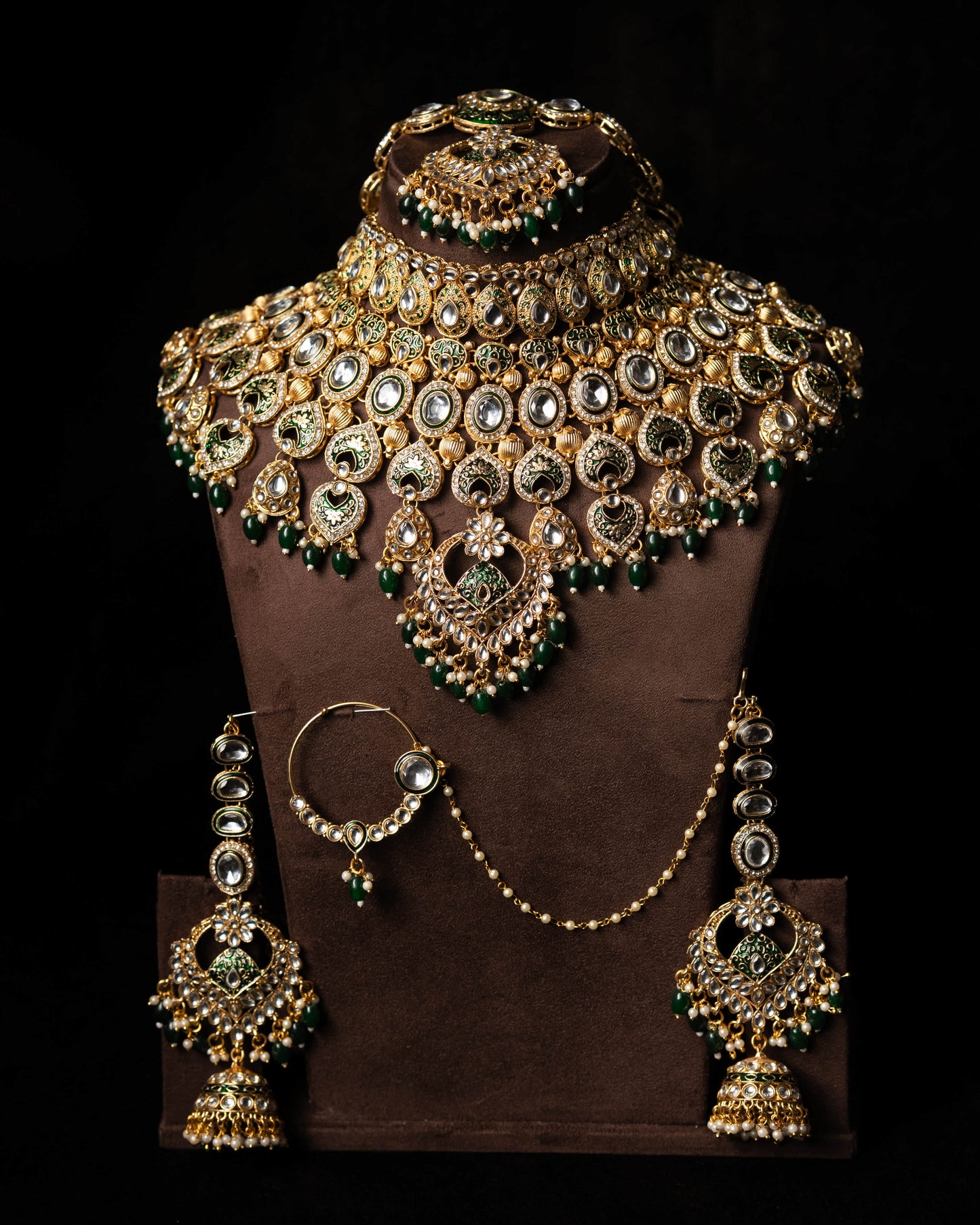 Green Polki Kundan Statement Bridal Set |Wedding Jewelry|Traditional Jewelry I Full Bridal Jewelry I Earrings, Matha Patti, Nose pin & Rings